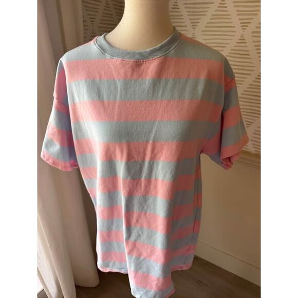 Fantastic Fawn Women’s Small Oversized Blue Pink Stripe Short Sleeve Basic Top - Picture 5 of 6